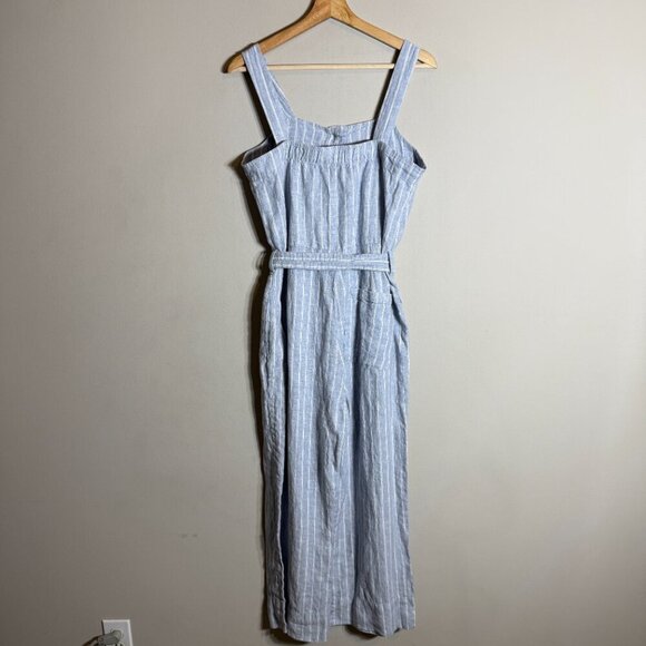 Everlane Linen Striped Button Up Jumpsuit Women's 4 Blue Tie Waist Boho Coastal - Picture 11 of 16